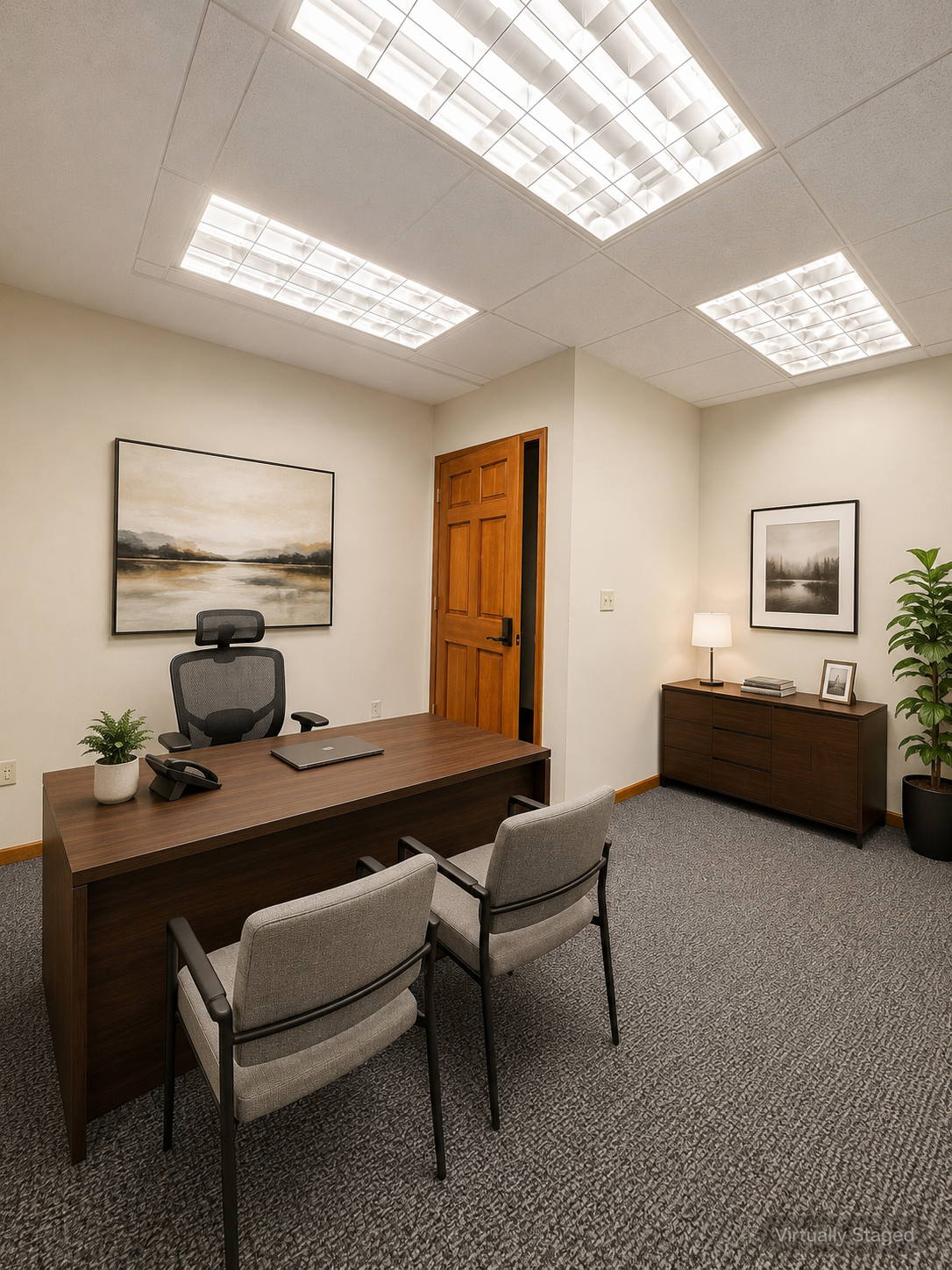 Virtually staged Office Suite F desk view